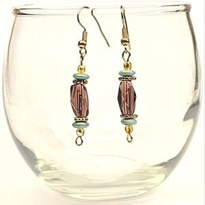 Purple And Green Beaded Goldtone Earrings